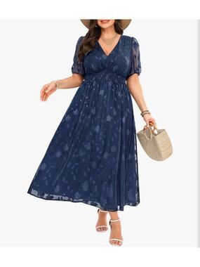 Pinup Fashion V-Neck Puff Sleeve Floral Jacquard Dress Size 22W